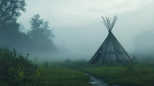 Misty landscape featuring a traditional teepee in a serene setting