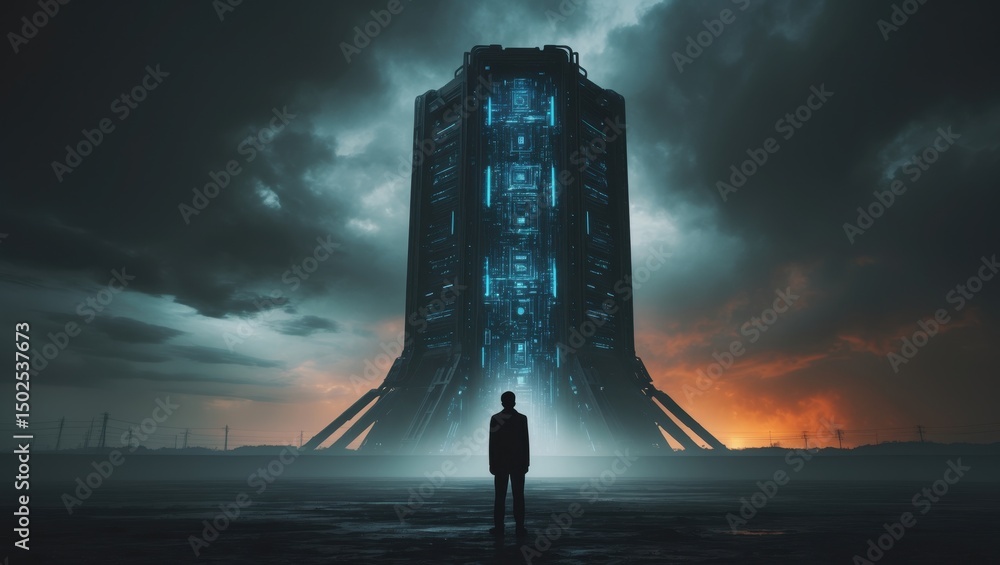 Poster exploring the potential dangers of artificial intelligence in a futuristic landscape under ominous c