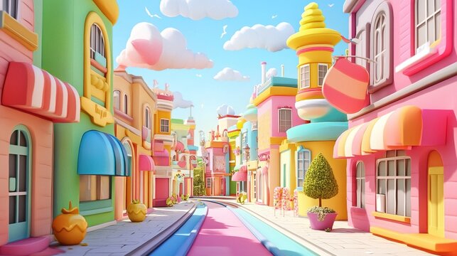 A whimsical, colorful street scene with cartoonish buildings, pastel hues, a curving road, and fluffy clouds in a sunny sky.  Candy-like architecture and vibrant awnings create a playful atmosphere