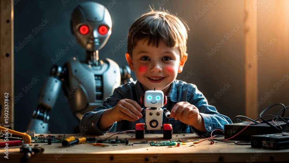 Poster child engineers a small robot while a larger humanoid robot stands nearby in a creative workshop