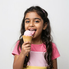 Happy Indian Girl Enjoying Strawberry Ice Cream, isolated white background