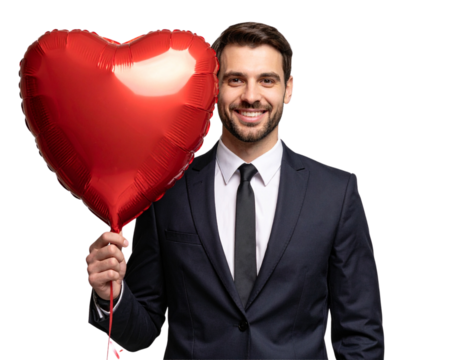 Photograph of a handsome, smiling businessman holding a heart-shaped red balloon, against isolated on a transparent background