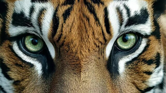 Intense gaze of a tiger showcasing striking fur details in a closeup encounter, Closeup of tiger's intense gaze showing striking fur pattern and sharp eyes