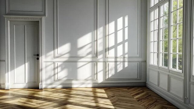 Bright and spacious empty room with clean interior design and natural light, Empty room in a bright clean interior,White empty room with wooden floor