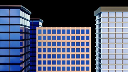 A 3D rendering of a group of tall, modern, stylized skyscraper buildings predominantly features blue and light blue glass facades.