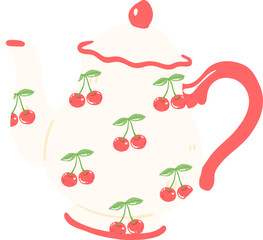 Cherry Teapot Illustration, Cozy Kitchen Clipart, Cute Vintage Tea Art