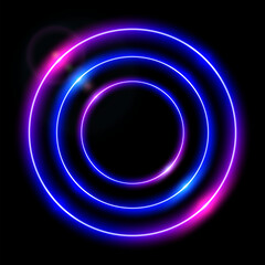 Abstract circle light neon glowing rings on black background, purple blue concentric laser light circles with copy space.