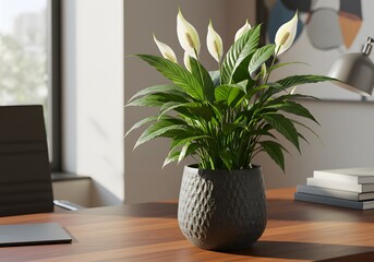 Fototapeta premium Peace Lily Desk Plant Bringing Serenity and Indoor Air Purification to Modern Workspace Setting