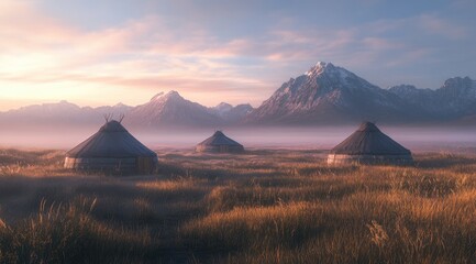 Fototapeta premium Sunrise over yurts in a misty mountain valley