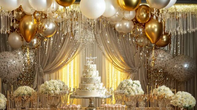 Elegant birthday party room decorated in luxurious gold and white hues with stunning floral arrangements, A luxury and elegant birthday party room in video background
