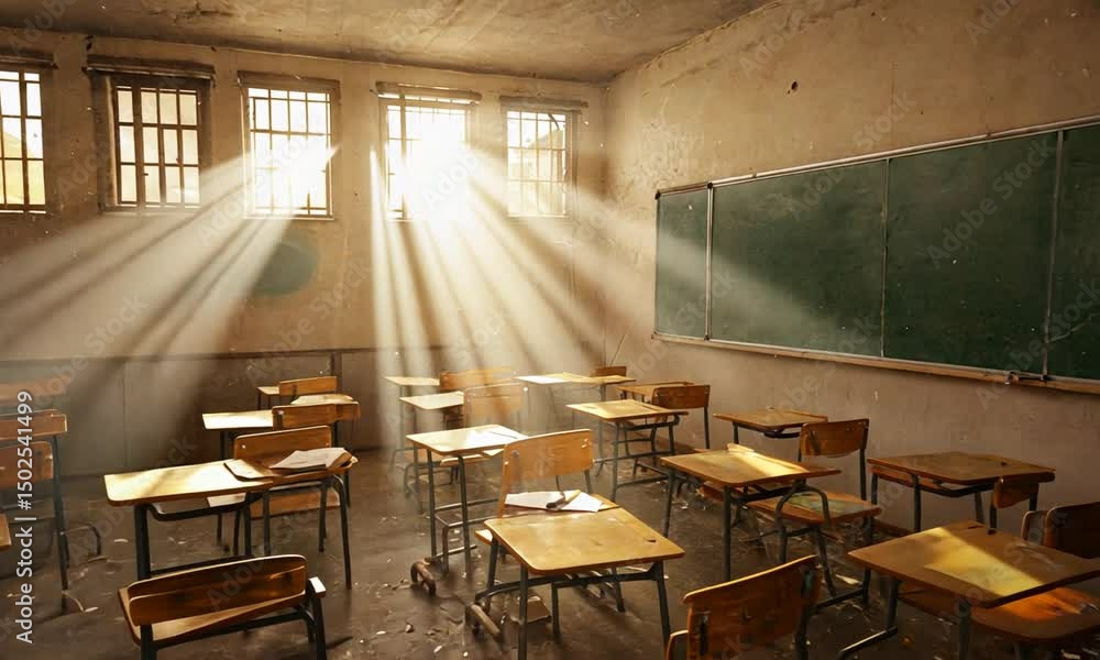 Poster sunlight streaming through dusty windows in an abandoned classroom with empty desks and chalkboard
