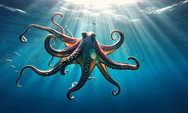 Vibrant octopus swimming gracefully in clear ocean waters, illuminated by sun rays above