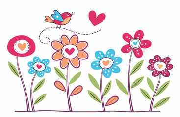 A beautiful floral background with spring flowers, butterflies, and birds, perfect for a greeting card design