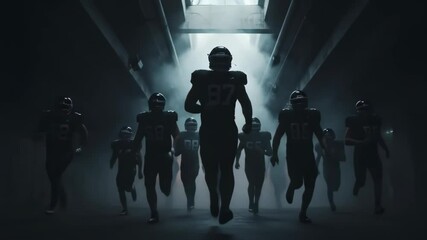 A group of football players running through a foggy tunnel before a game, showcasing teamwork and determination