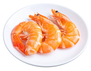 Three shrimp on a white plate, side view isolated on a transparent background