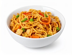 Chow mein noodles in bowl isolated on white background with full depth of field for Chinese cuisine or quick meal concept