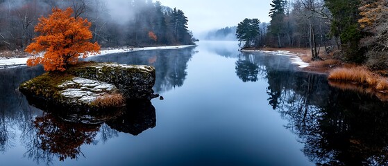 Orange Tree on Snowy Lake Island in Winter Fog