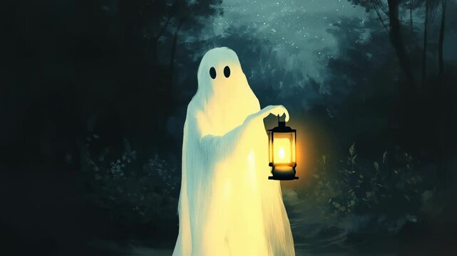 Friendly ghost walking in forest at night with lantern