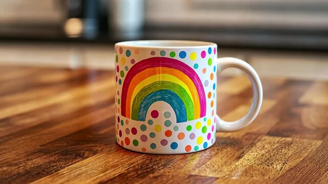 Colorful rainbow mug on polished wooden kitchen table enhances morning beverage experience, Colorful mug with rainbow pattern on wooden kitchen countertop
