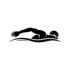 Swimmer Silhouette in Freestyle Stroke – Isolated on White Background.