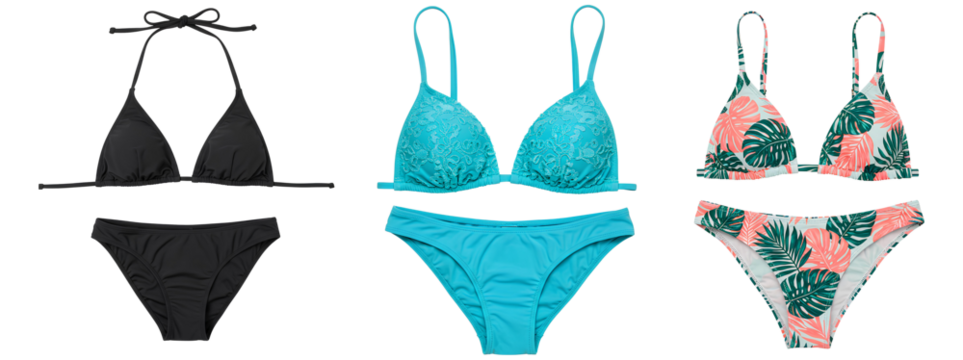 swimming suit set png. black bikini set top view png. blue bikini flat lay isolated. tropical pattern bikini for swimming png