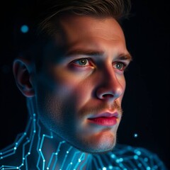 Cybernetic Human Transformation – Cinematic Close-Up of Face Dissolving into Glowing Circuit Lines with Neon Tones