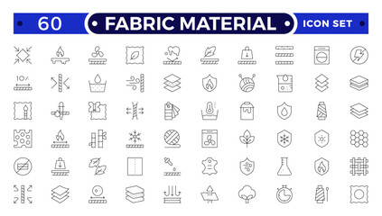 Fabric Material outline Icons set. Vector illustration of textile related icons: thermos, recycled, bamboo, product, industry, shop, leather, textile, cotton, wool, waterproof, material and more.