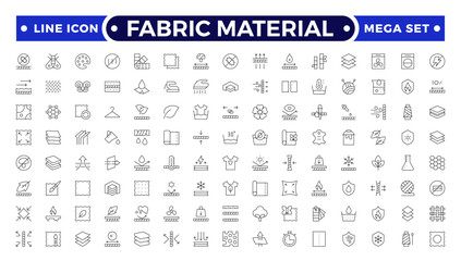 Fabric Material outline Icons set. Vector illustration of textile related icons: thermos, recycled, bamboo, product, industry, shop, leather, textile, cotton, wool, waterproof, material and more.