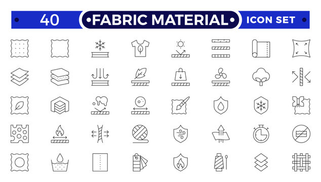Fabric Material outline Icons set. Vector illustration of textile related icons: thermos, recycled, bamboo, product, industry, shop, leather, textile, cotton, wool, waterproof, material and more.
