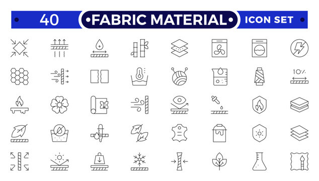 Fabric Material outline Icons set. Vector illustration of textile related icons: thermos, recycled, bamboo, product, industry, shop, leather, textile, cotton, wool, waterproof, material and more.
