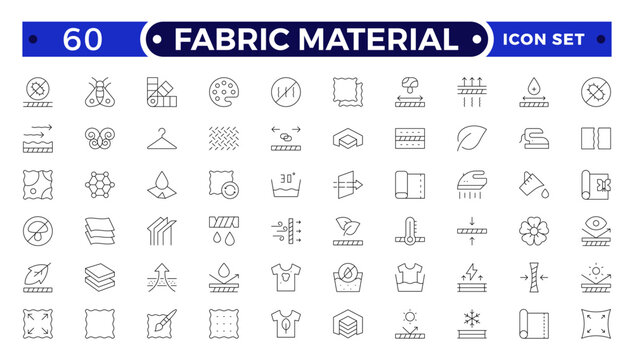 Fabric Material outline Icons set. Vector illustration of textile related icons: thermos, recycled, bamboo, product, industry, shop, leather, textile, cotton, wool, waterproof, material and more.