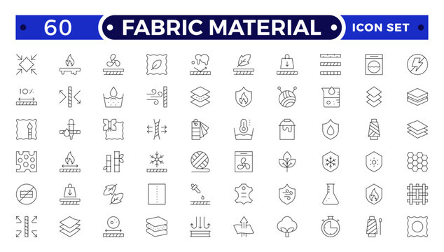 Fabric Material outline Icons set. Vector illustration of textile related icons: thermos, recycled, bamboo, product, industry, shop, leather, textile, cotton, wool, waterproof, material and more.