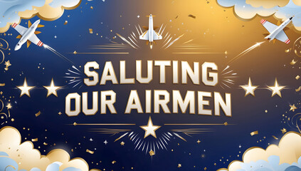 A celebratory design saluting airmen, featuring airplanes, stars, confetti, and a bold, gold-embossed title against a navy and gold background.