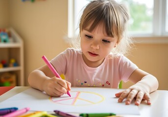 Peace Sign Drawn by Child's Hand Using Colorful Crayons in a Playful, Innocent Setting