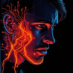 Cybernetic Human Transformation – Cinematic Close-Up of Face Dissolving into Glowing Circuit Lines with Neon Tones