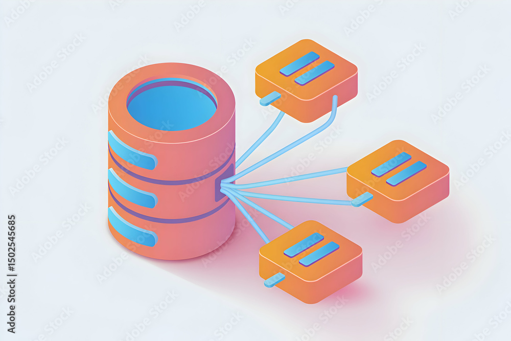 Poster isometric illustration of database server and network connections