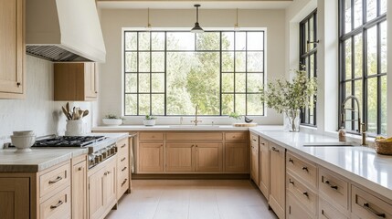 Bright, neutral-toned kitchen interior with minimal details, large windows, wooden cabinets, and natural light creating a serene atmosphere