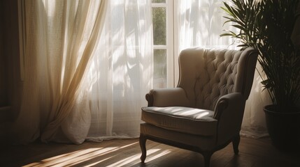 Chic living space with cushioned armchair near window with flowing linen curtains, soft ambient light filling the room, evoking comfort and elegance