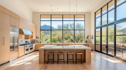 Contemporary kitchen with natural wood cabinets, expansive windows, and soft neutral finishes, bathed in natural light and minimal decor