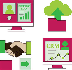 Flat Vector Icon Set — Digital B2B Interaction and Cloud Business Tools