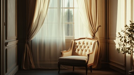 Elegant room corner with a plush armchair beside a window framed by flowing curtains, offering a serene spot for relaxation or reading