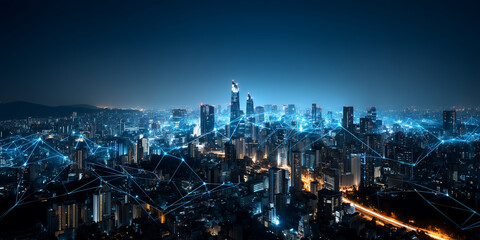 Fototapeta premium Digital transformation in cloud services and enterprise software urban landscape at night tech-driven connectivity
