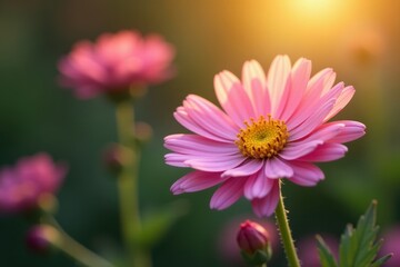 Obraz premium Soft focus on a realistic aster flower in warm sunlight, showcasing its unique shape and delicate texture, natural, blossom