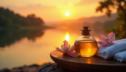Soothing Ayurvedic massage with medicated oil on a calm landscape at sunset, relaxation, abhyanga