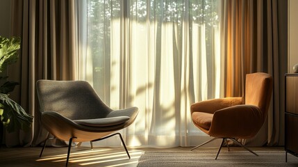 Relaxed sitting area with armchair by window, sheer and heavy curtains layered elegantly, light streaming into the calm, stylish interior