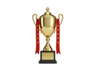 golden trophy with red stars ribbon