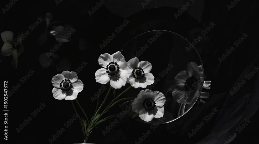 Poster elegant monochrome display of flowers reflected in a circular mirror against a dark background
