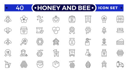 Honey and Bee icon for bees, dipper stick with organic liquid honey for breakfast dessert thin black outline symbols vector illustration. Honey products, apiary, beekeeping line icon set.