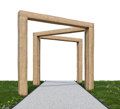 Fototapeta Gravel walking path and wooden frame entrance. 3d rendering of nature garden with empty background.