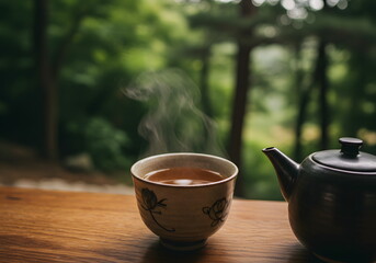 A peaceful cup of tea in the forest – ideal for wellness blogs, nature therapy content, meditation visuals, and relaxation campaigns